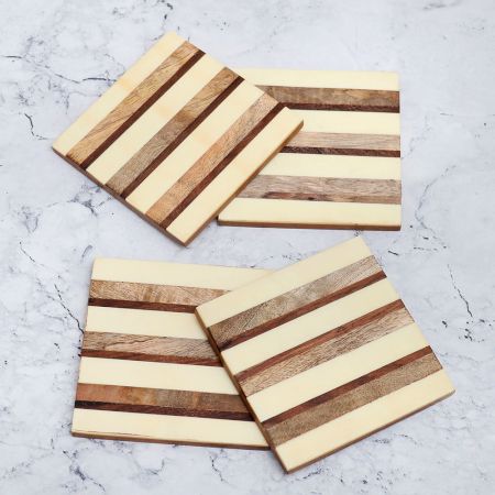 White and Brown Handmade Wooden Coasters - Pack of 4